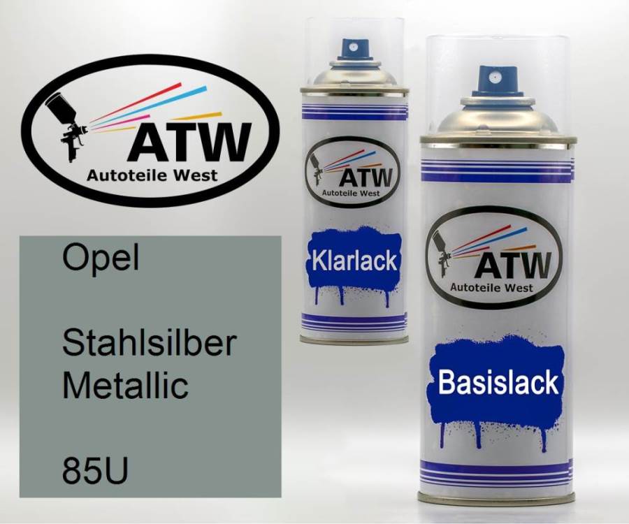 Opel, Stahlsilber Metallic, 85U: 400ml Sprühdose + 400ml Klarlack - Set, von ATW Autoteile West.